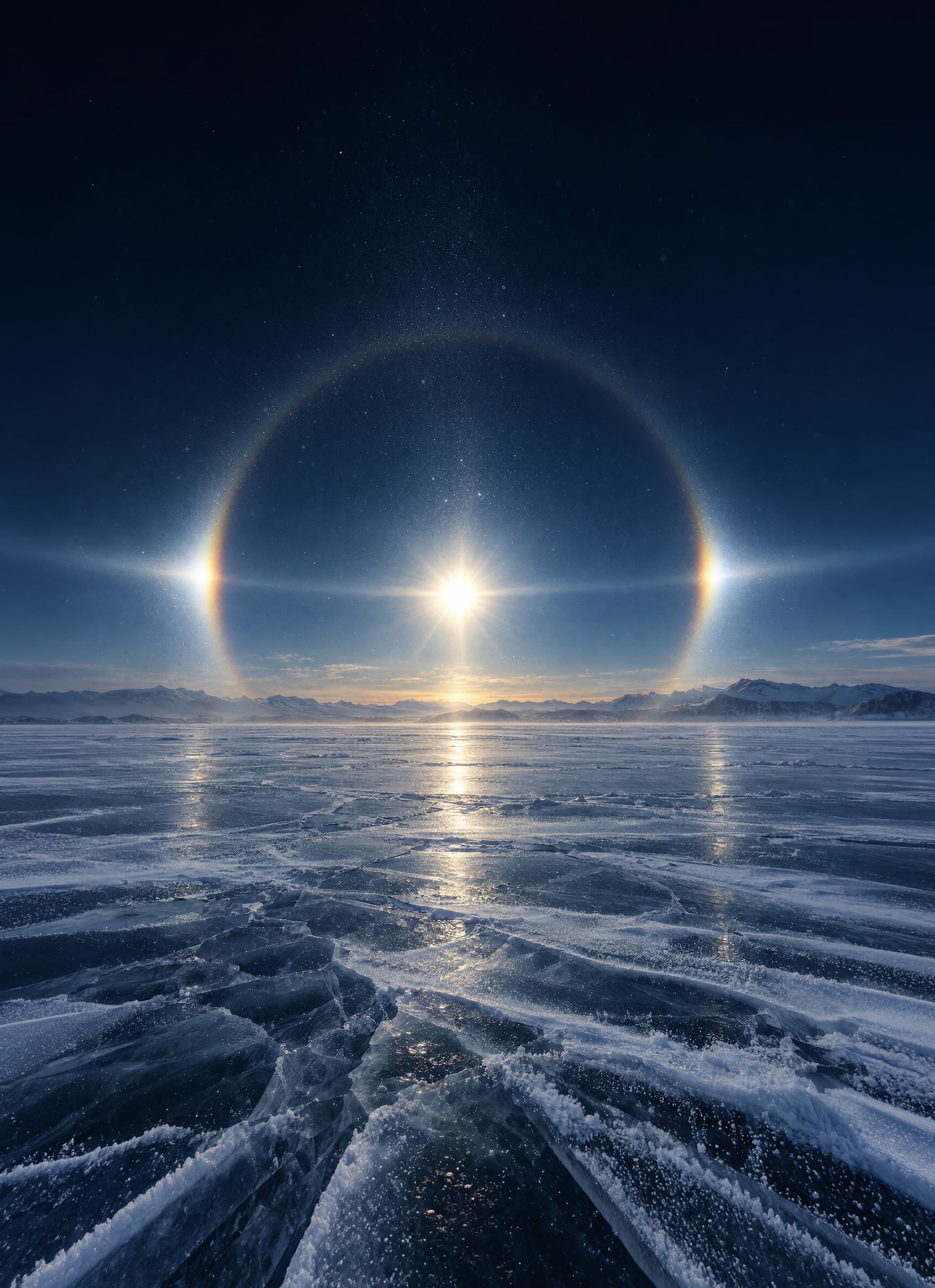 A sun inside a halo, with two more suns shining beside it, over a frozen lake at dusk